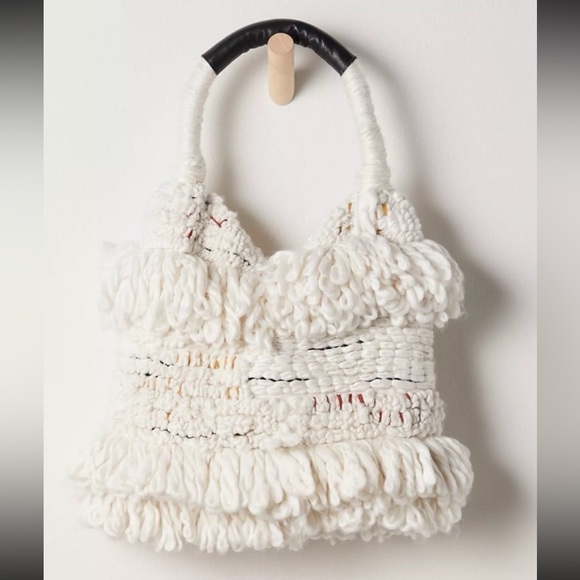 Free People Handbags - Free People Oslo Tote Bag Cream Bohemian Fringe Knitted Yarn Purse NWT
